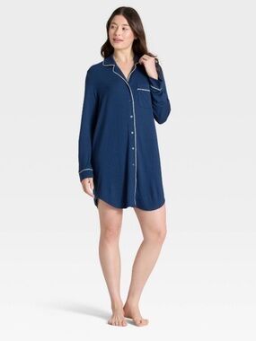 Stars Above Notch Collar Long Sleeve Sleep Shirt Dress - Navy Blue Medium